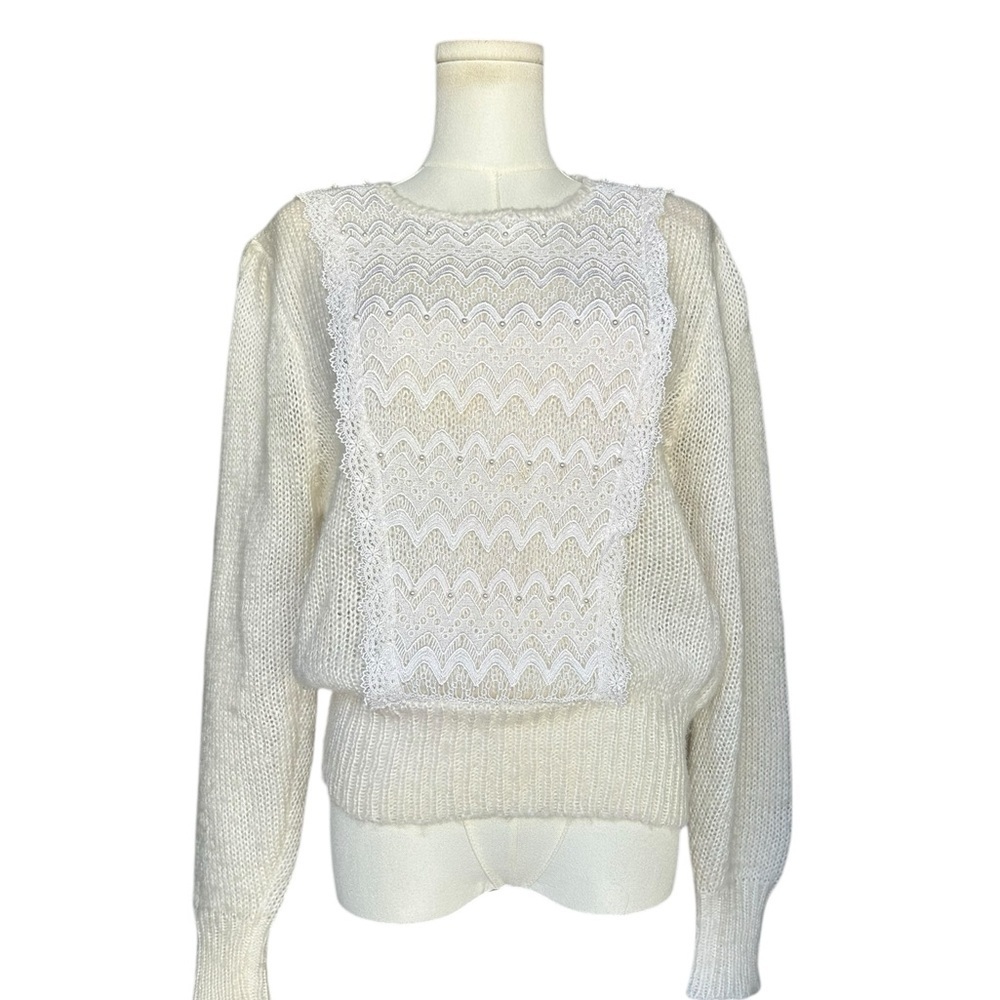 Vintage 80s Curiosity’s Cat Ivory Sweater  Lace Knit Cottage Core Puff Sleeve L